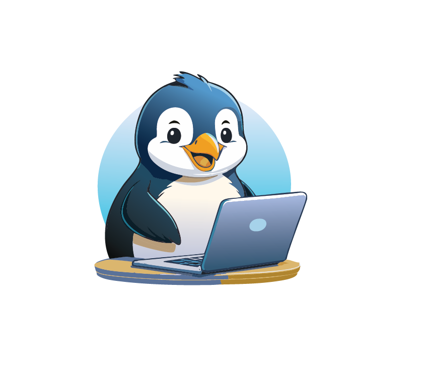 Blu the penguin sitting down in front of his laptop computer