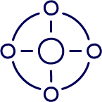 Four small circles connected by a circle with linees drawn to the center circle