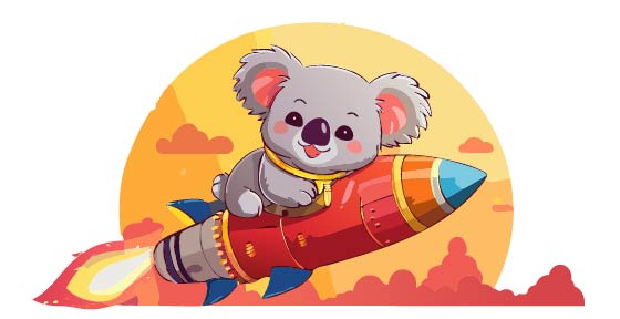 A koala on a rocket flying past an Australian sunset