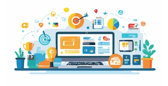 A computer and office stationary on a desk in an office with icons and logos